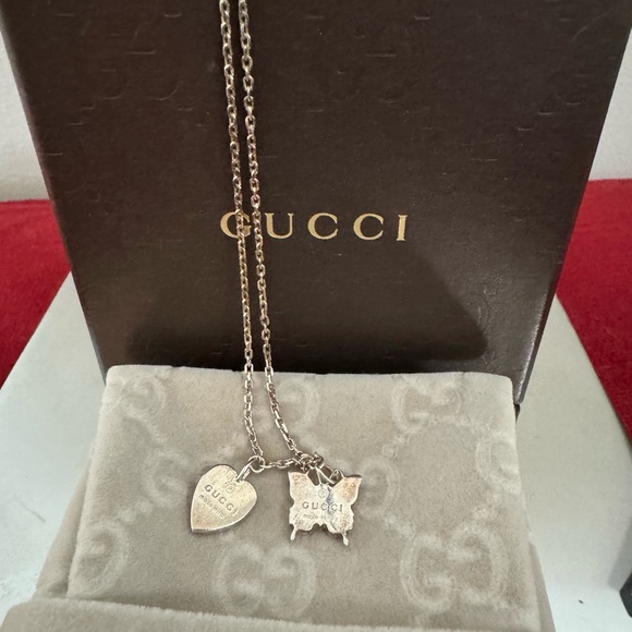 GUCCI Sterling Silver "Trademark" Heart and Butterfly Necklace, 18" chain . - Picture 9 of 15